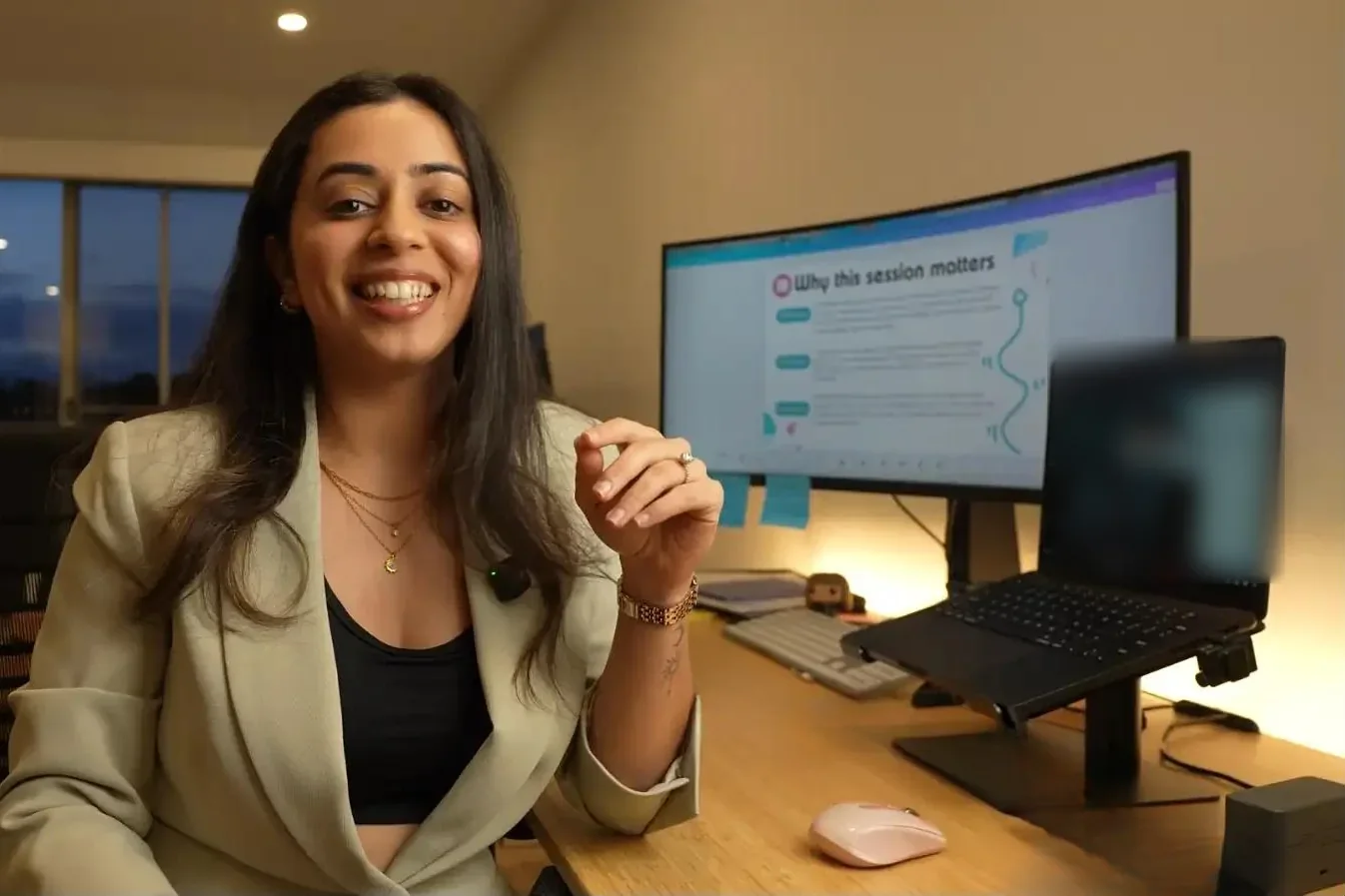 Priyanka running her last live masterclass, with her slides on the screen behind her