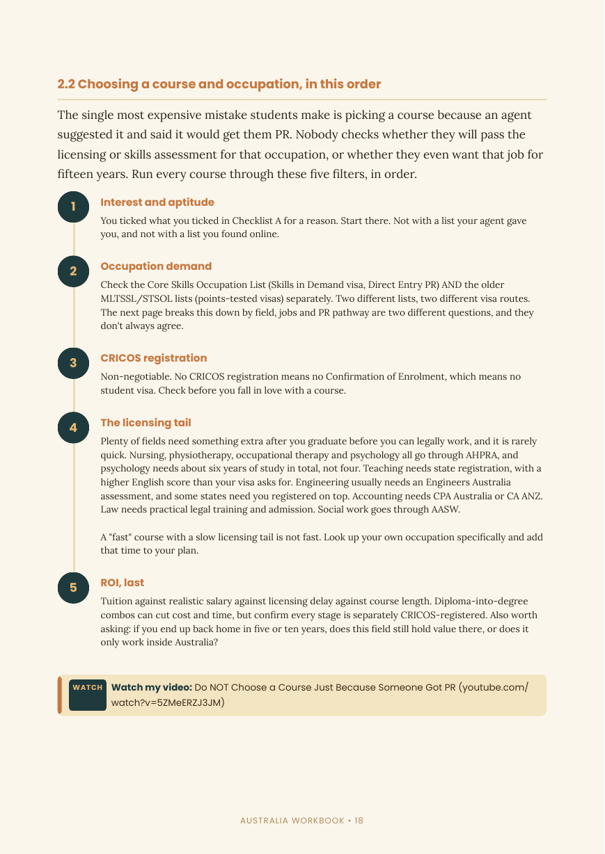 Course choice page from The Australia Workbook